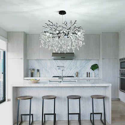 Modern Crystal Tree Branch Chandelier, Black Round Art Deco Pendant Light Raindrop Lighting Fixture for Dining Room Bedroom Foyer 10 Lights D30''