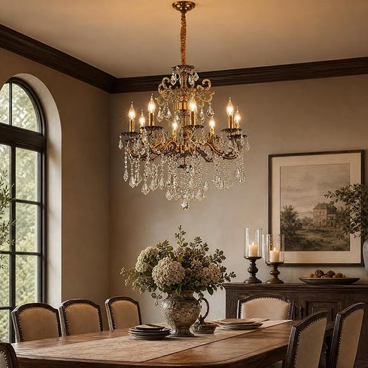 Vintage 8 Arms Crystal Chandelier Candle Light Fixture for Dining Room Living Room Bedroom Hallway Entryway Antique Gold Finish (27"-8 Lights)