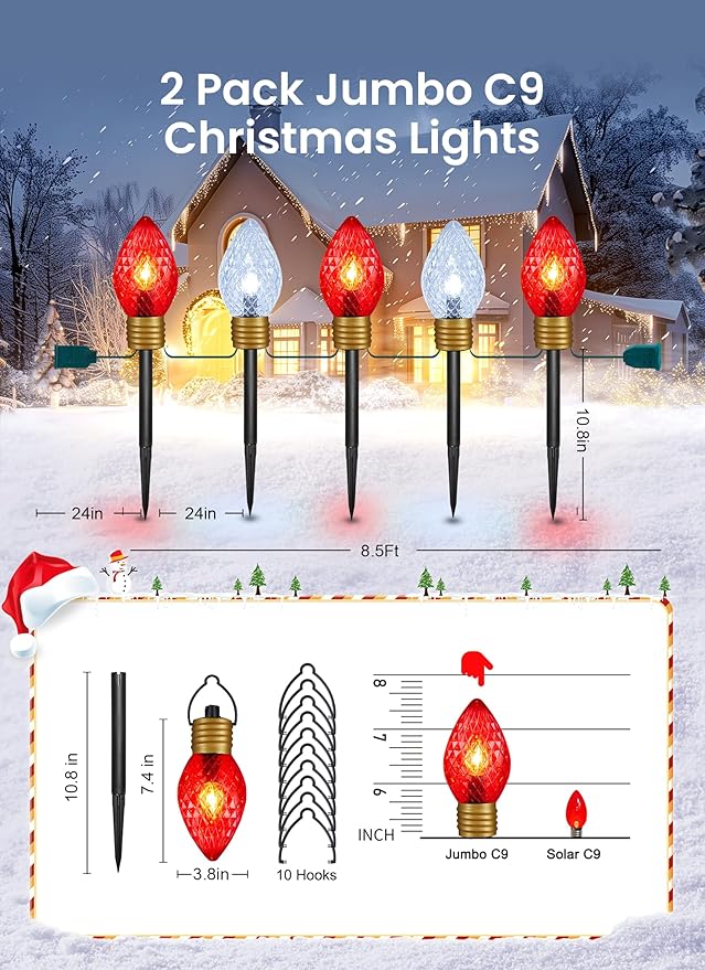 Strawberry Jumbo C9 Christmas Lights Outdoor - 2 Pack Total 17FT 10 LED Jumbo C9 Christmas Pathway Lights Outdoor Decoration for Outside Lawn, Red & Pure White