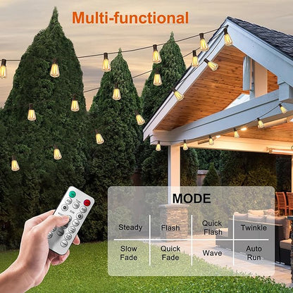 BLIATLUS 100FT Solar String Lights Outdoor Waterproof with Remote Control Solar Patio Lights 30+2 shatterproof LED ST38 Bulbs for Porch Garden Market Bistro Patio Backyard Fence