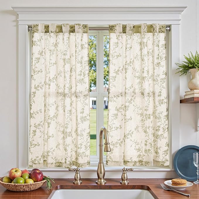 jinchan Floral Kitchen Curtains 45 Inch Linen Tier Curtains Farmhouse Cafe Half Window Drapes for Small Windows Light Filtering Sage Green on Beige for Living Room Bathroom Back Tab 2 Panels