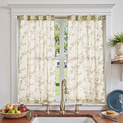 jinchan Floral Kitchen Curtains 45 Inch Linen Tier Curtains Farmhouse Cafe Half Window Drapes for Small Windows Light Filtering Sage Green on Beige for Living Room Bathroom Back Tab 2 Panels