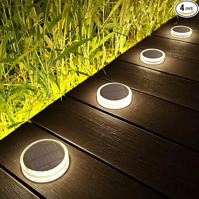 Lacasa Solar Deck Lights, 4 Pack 30LM Outdoor Solar Powered Step Lights, LED Dock Lights Natural White 4000K Light up All Night IP68 Waterproof Auto ON/Off for Garden Stairs Driveway Pathway Lighting