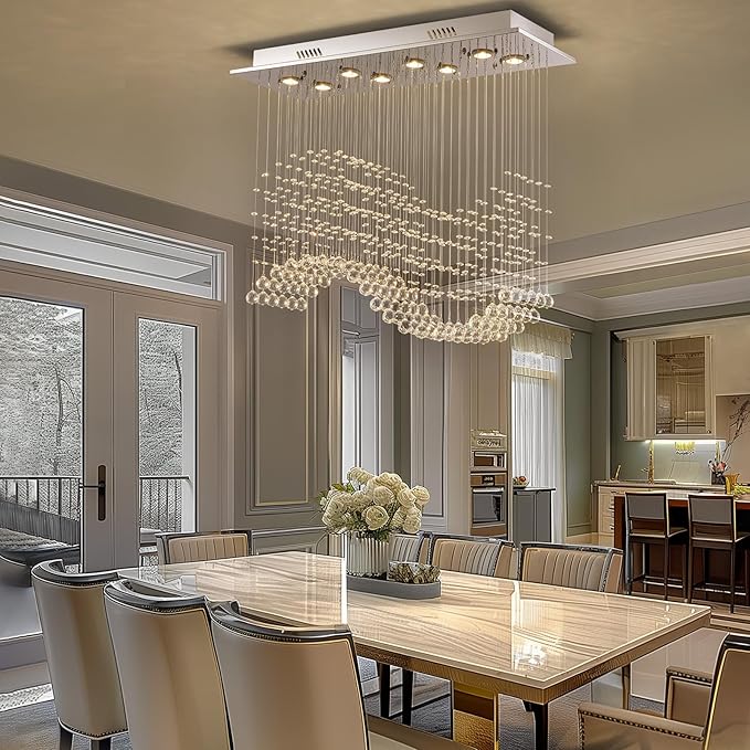Rectangular Wave Raindrop Chandelier, Flush Mount Crystal Chandelier, Rectangle Pendant Ceiling Light Fixture for Dining Room,Kitchen Island, Living Room, L31.5×W11.8×H32.3