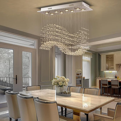 Rectangular Wave Raindrop Chandelier, Flush Mount Crystal Chandelier, Rectangle Pendant Ceiling Light Fixture for Dining Room,Kitchen Island, Living Room, L31.5×W11.8×H32.3