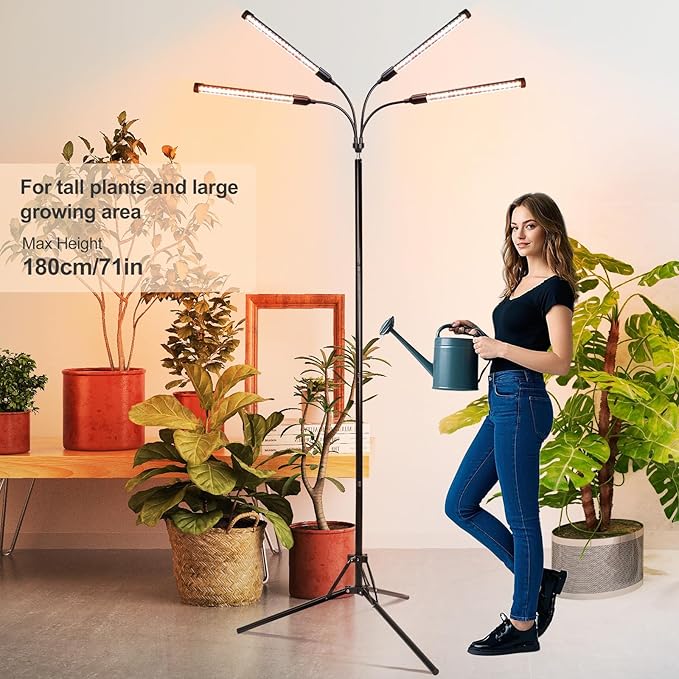 FECiDA 2026 4Head Grow Lights with Upgraded Stand, Standing Grow Lights for Indoor Tall Plants, Bonsai Tree, 4/8/12/16/20 Hr Timer, 36 Watt Power Draw, NO Need Adapter, 24"-72" Height Adjustable