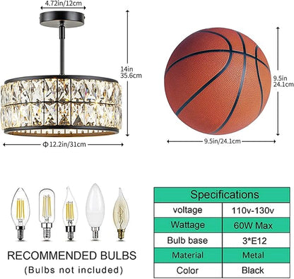 Rpzloila 3-Light Crystal Ceiling Light, Modern Semi Flush Mount Ceiling Light, Black Crystal Chandelier for Kitchen Bedroom Bathroom Entryway Hallway