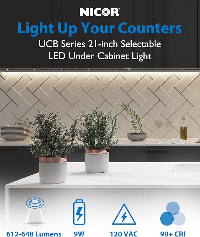21” LED Direct Wire Under Cabinet Light with On/Off Switch - Dimmable LED Lights for Kitchen - Selectable CCT 2700K-5000K, 612-648 Lumens, 9W - UCB Hardwired Under Cabinet Lighting by NICOR Lighting