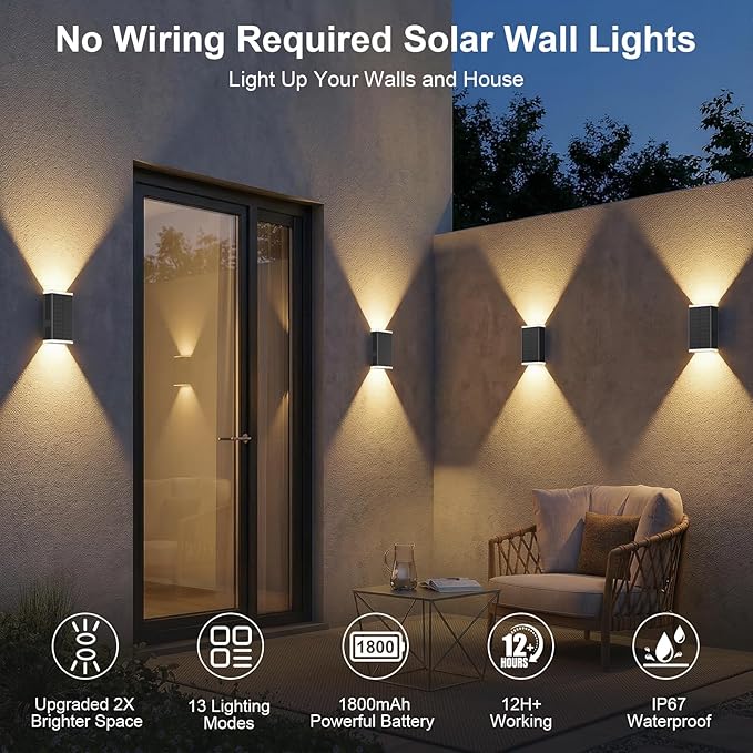 Solar Wall Light Outdoor , 3000/4000/6000K/RGB 13 Modes Dusk to Dawn Lighting Wall Sconce IP67 Waterproof Up and Down Solar Lights Outdoor Front Door Light for House, Garage, Porch,Fence（Deep Black）
