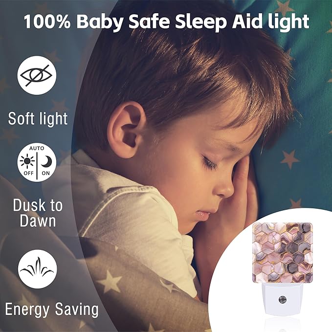 Pink Golden Ink Hexagon Night Light, Abstract Fluid Marble Dusk to Dawn Night Light Plug in,0.5w Energy Saving Sleep Friendly NightLight for Kids Boys Girls Home Decor