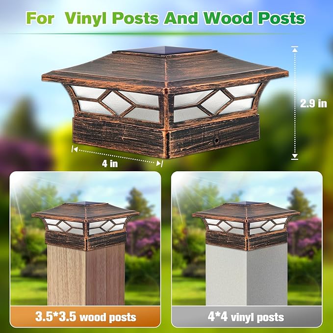 Solar Post Cap Lights Outdoor 8pack, Waterproof Solar Powered Deck Fence Post Lights for 4x4 Wood/Vinyl Posts, Solar Outdoor LED Light with Cool/Warm Lighting (Brushed Copper, 8pack)