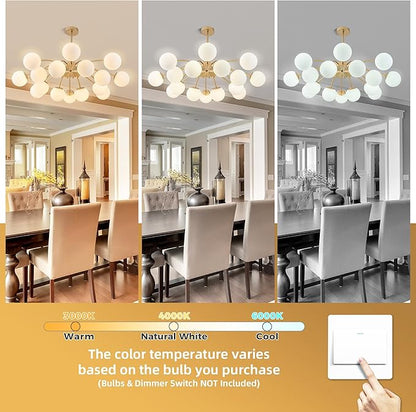 Longree 16-Light Gold and White Sputnik Chandeliers with Blossom Accent Milk Glass Bubble Pendant Light Fixture, Mid Century Starburst Lighting Frosted Glass Ceiling Lights for Dining Living