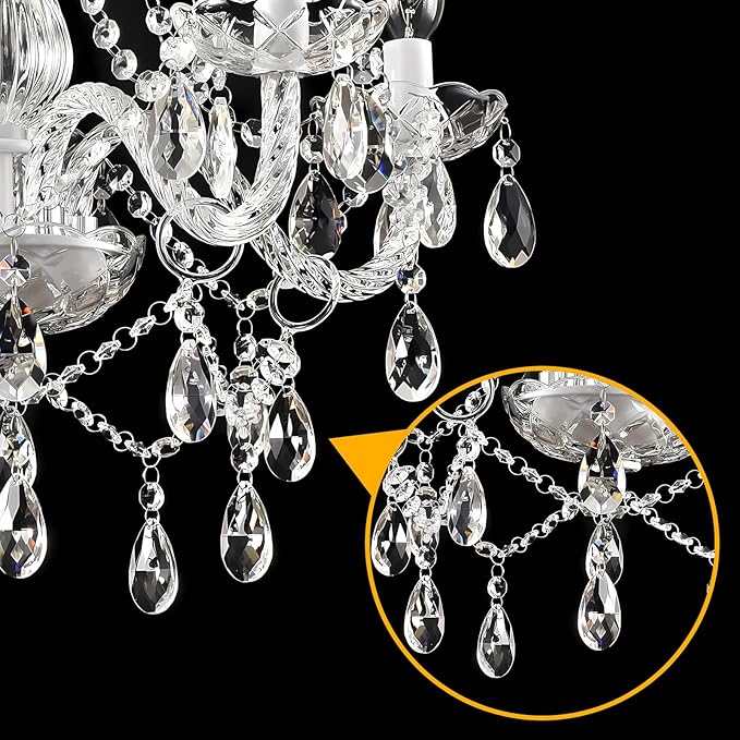 Plug in Chandelier Dimmable,5 Lights K9 Crystal Glass Pendant Light Fixture, Modern White Candle Hanging Chandelier for Bedroom Living Dining Room Kitchen Island