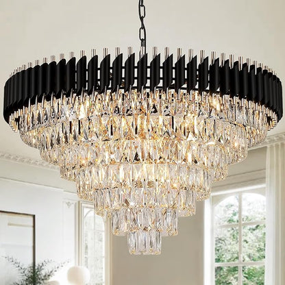 Modern Black and Gold Crystal Chandeliers 35'' Large Chandeliers for High Ceiling 7-Tier 22-Light K9 Crystal Luxury Round Crystal Chandelier Light Fixture for Staircase Living Room Foyer Lobby