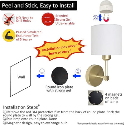 Easy Install Adhesive Battery Wall Sconces Rechargeable Gold Set of 2, No Nails Cordless Magnetic Wall Lamps Peel and Stick Decor Wall Vanity Lights for Pictures Living Room Hallway (Gold, 2-Pack)