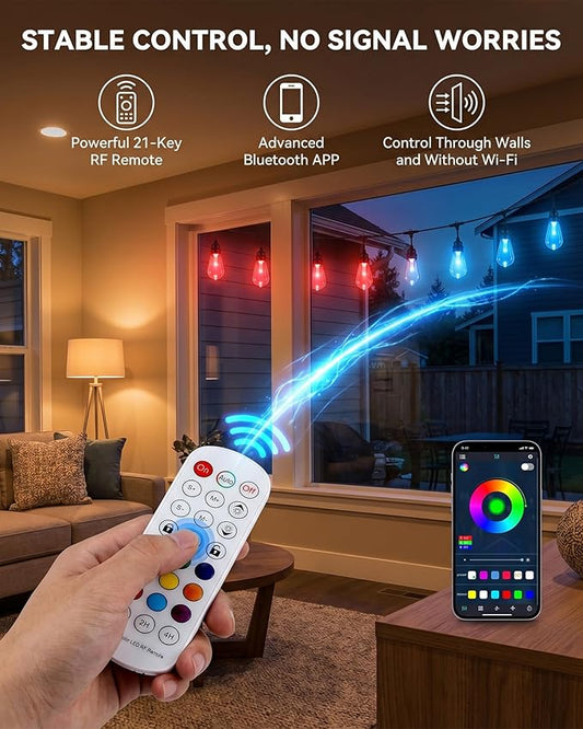 Smart RGB Outdoor String Lights, Color Changing Patio Lights with 21-Key RF Remote and Bluetooth App, IP65 Waterproof Music Sync LED Hanging Lights for Backyard Party Holiday Decor, 50FT (20 Bulbs)