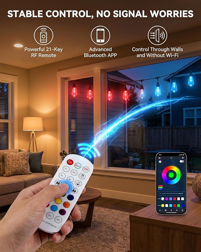 Smart RGB Outdoor String Lights, Color Changing Patio Lights with 21-Key RF Remote and Bluetooth App, IP65 Waterproof Music Sync LED Hanging Lights for Backyard Party Holiday Decor, 100FT (50FT*2)