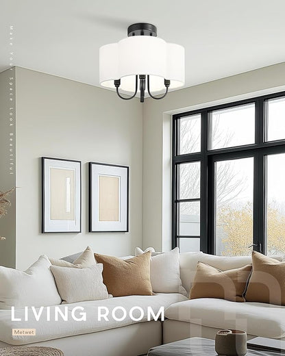 4-Light Semi Flush Mount Ceiling Light, 13.5" Vintage Light Fixtures Ceiling Mount with Fabric Shade in Quatrefoil for Kitchen Entryway Hallway Bedroom, Matte Black, SM179-MB