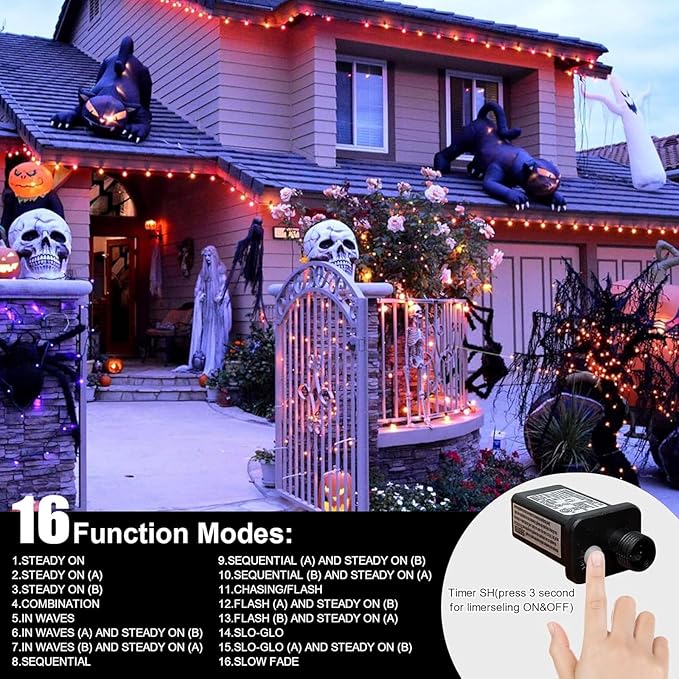 LAMPHOME 33ft 100 LED Orange Thanksgiving Lights Outdoor Waterproof, Autumn Fall String Lights,16 Modes Orange Halloween String Lights Plug in, Christmas Lights Garden Party Xmas Tree Lights Decor