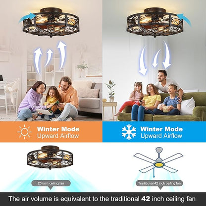 Rustic Black Caged Flush Mount Ceiling Fans with Lights and Remote Vintage Low Profile Bladeless Ceiling Fan, Reversible Motor, E26 Bulbs, 6 Speeds,for Farmhouse, Living Room, and Bedroom