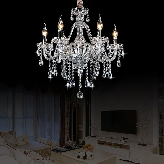 Bagood Clear 6 Lights Candle Chandelier Lighting K9 Crystal Candle Chandeliers Lighting Crystal Modern Chandelier for Dining Living Room Bedroom Entry Elegant Decoration E12 Base, H22 x W23.6 Inch