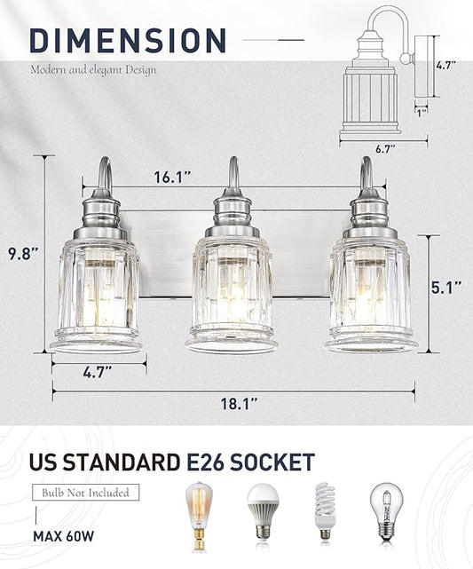 Bathroom Light Fixture, HWH 3-Light Vanity Light Brushed Nickel Modern Bathroom Lights Over Mirror, Bell-Shaped Fluted Glass, 5HZG106B-3W BN