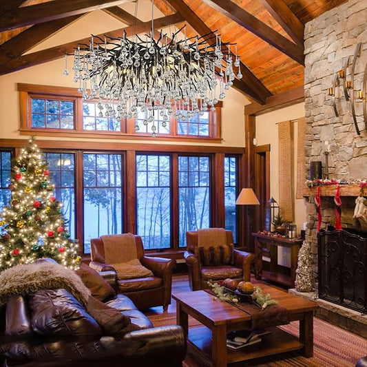 23.6in Black Crystal Chandelier, Modern Tree Branch Chandeliers for Dining Room, 8-Light Farmhouse Chandelier Light Fixture for Living Room,Kitchen Island Foyer
