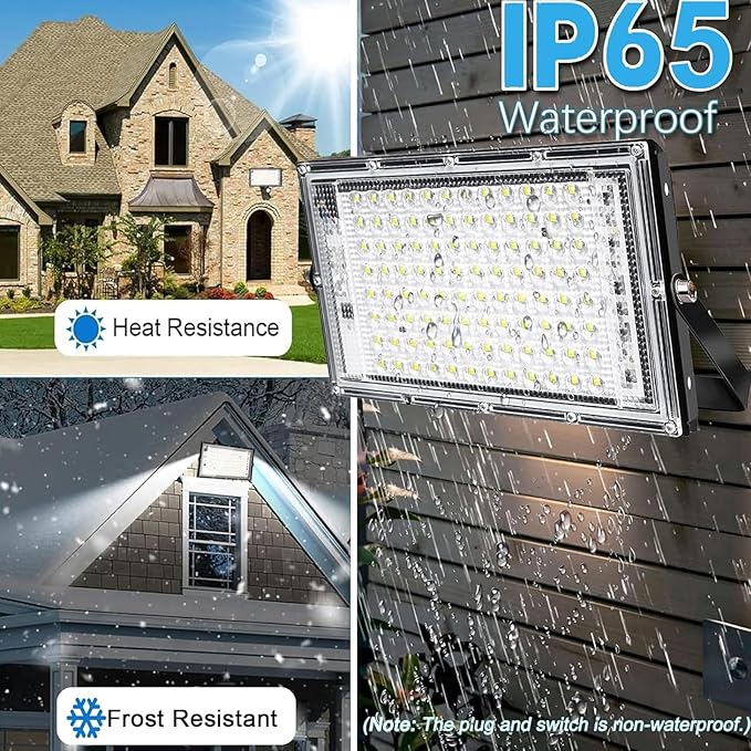 100W LED Outdoor Flood Light, 2 Pack 8000LM Plug in Flood Light Outdoor, IP66 Waterproof Exterior Security Lights, 6500K Daylight White Super Bright Floodlight for Garage, Yard, Lawn, Garden
