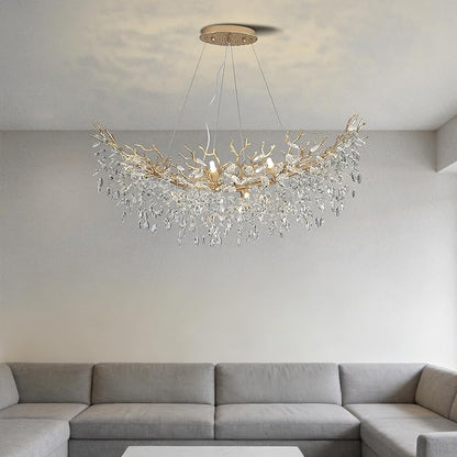 Modern Crystal Tree Branches Chandelier, 40in Gold 10 Lights Large Ceiling Hanging Light for Dining Room, Arc Raindrop Pendant Light Fixture
