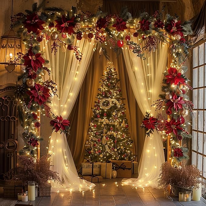 Fomcet Tulle Backdrop Curtains Ivory 30FT X 8FT Tulle Curtains with Lights String Sheer Curtain Backdrop for Parties Wedding Baby Shower Photo Shoot Decorations (6 Panels 5x8FT)