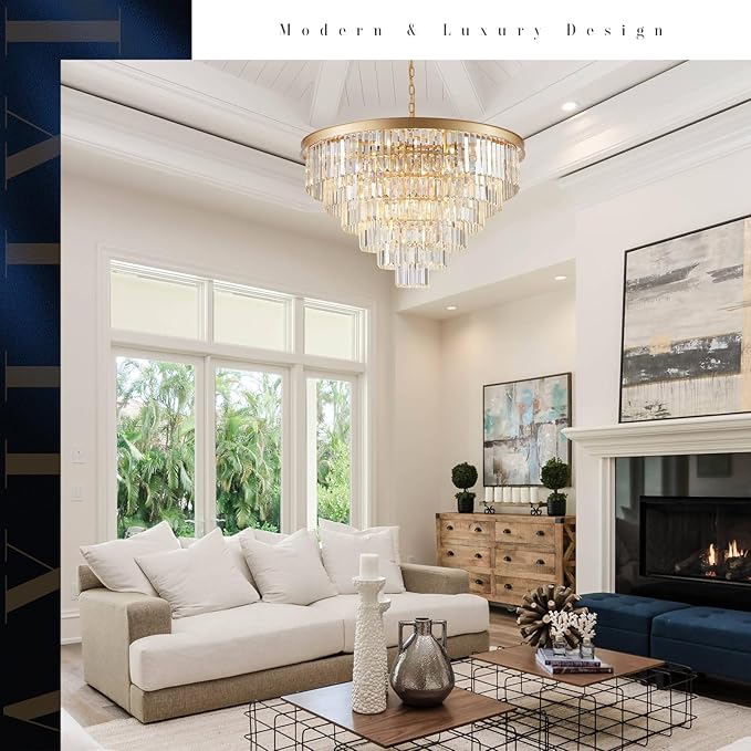 Modern Gold Crystal Chandeliers 35'' Large Chandeliers for High Ceiling Foyer K9 Crystal 6-Tier Luxury Chandelier 22-Light Round Ceiling Chandelier Light Fixtures for Staircase Entry Living Room