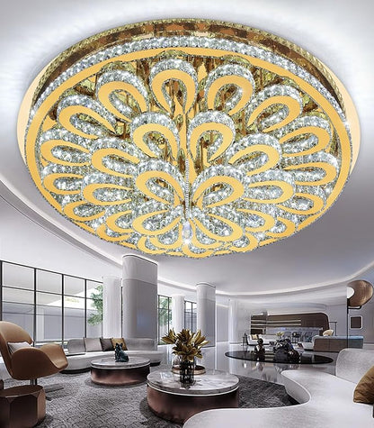 47'' Modern Crystal Chandeliers for Living Room Large Chandelier Ceiling Light Fixture LED Dimmable with Remote Flush Mount Lighting for Dining Room Bedroom Gold