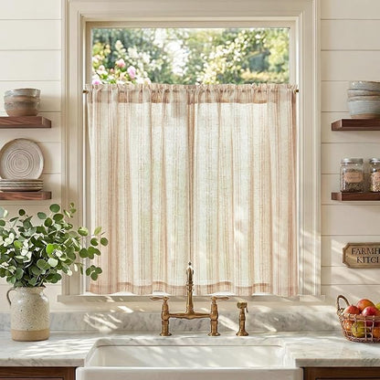 jinchan Linen Kitchen Curtains Striped Tier Curtains 36 Inch Farmhouse Small Drapes Balanced Stripe Half Window Light Filtering for Bathroom Laundry 2 Panels Tan on Linen