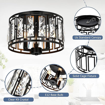 Crystal Ceiling Light Flush Mount for Bedroom, Kitchen Island Crystal Drum Shade Lighting Fixture, 3-Light Black Ceiling Lamp for Dining Room