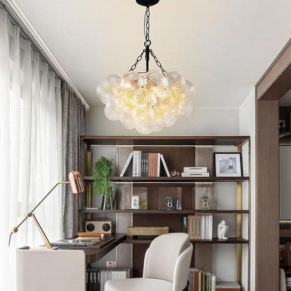Hand Blown Glass Bubble Ball Chandelier Black Finish 20" Small Pendant Lights Art Deco Cluster Swirled Art Deco Cluster Ribbed Blown Glass Globe Lighting for Entry Room Bathroom Bedroom