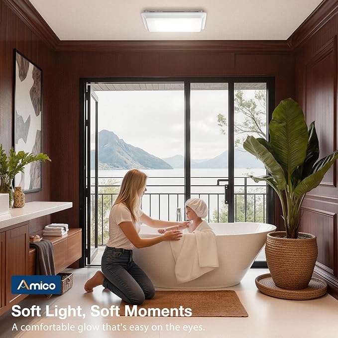 Amico Bathroom Exhaust Fan with Light, 80 CFM, 0.9 Sones, 1000LM, 5CCT, Easy Install, Ceiling Mount Shower Bathroom Fan, Adjustable Household Ventilation Fan, ETL & FCC Certified