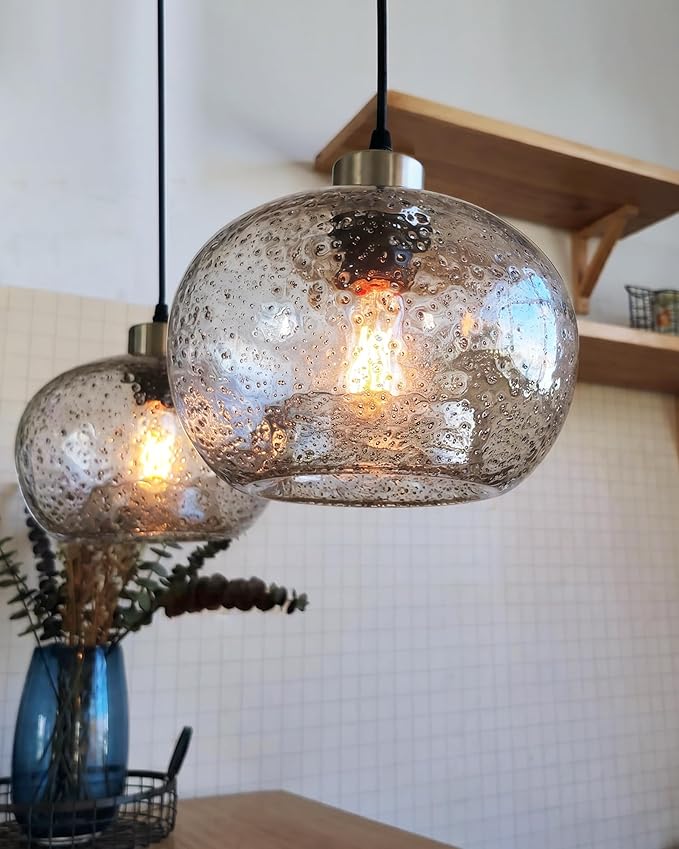 CASAMOTION Handblown Glass Pendant Lighting Drop Ceiling Lights, Modern Rustic Hanging Light Clear Seeded Glass with Black Marble, Brushed Nickel Finish, 8.7 Inch Diameter