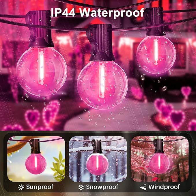 LAMPHOME Pink LED Outdoor String Lights, 26FT Patio Lights with 12+1 Shatterproof Edison Bulbs, UL Waterproof Connectable Dimmable Hanging Lights for Backyard Porch Garden Deck Balcony Decor