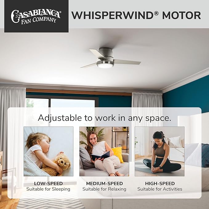 Casablanca 44 inch Indoor Ceiling Fan with LED Light - Low Profile Flush Mount Ceiling Fan for Bedroom, Living Room, or Kitchen, Wall Control, 3 Blades, Includes Bulb - Commodus 59570, Brushed Nickel