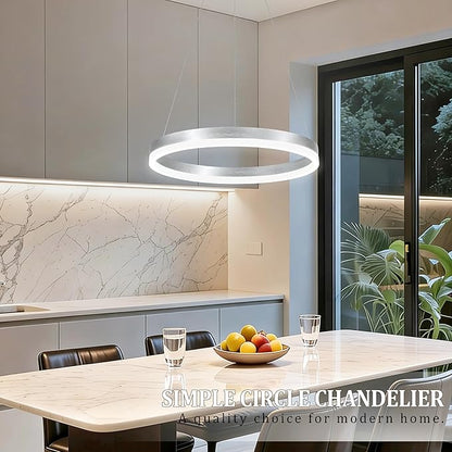 20" Modern Nickel Led Chandelier Ring Dimmable LED Chandeliers with Remote Control for Kitchen Island Height Adjustable Chandelier Led Pendant Light for Living Room Dining Room Bedroom Foyer