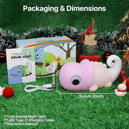 Cute Chameleon Night Light for Kids Rechargeable, Battery Operated Nightlight 3 Level Dimmable with RGB&Timer, Silicone Touch Nursery Lamp for Baby Girls Boys Bedroom Gifts