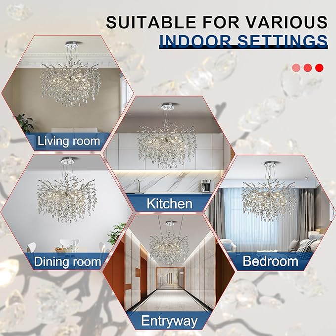 Modern Crystal Tree Branches Chandelier, 30in Silver 10 Lights Large Ceiling Hanging Light for Dining Room, Round Raindrop Pendant Light Fixture