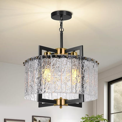 Black & Gold Chandelier Crystal Farmhouse Pendant Light, Semi Flush Mount Ceiling Chandelier Light Fixtures,16" Water Ripple Glass Shade,for Dining Room Kitchen Foyer Entryway
