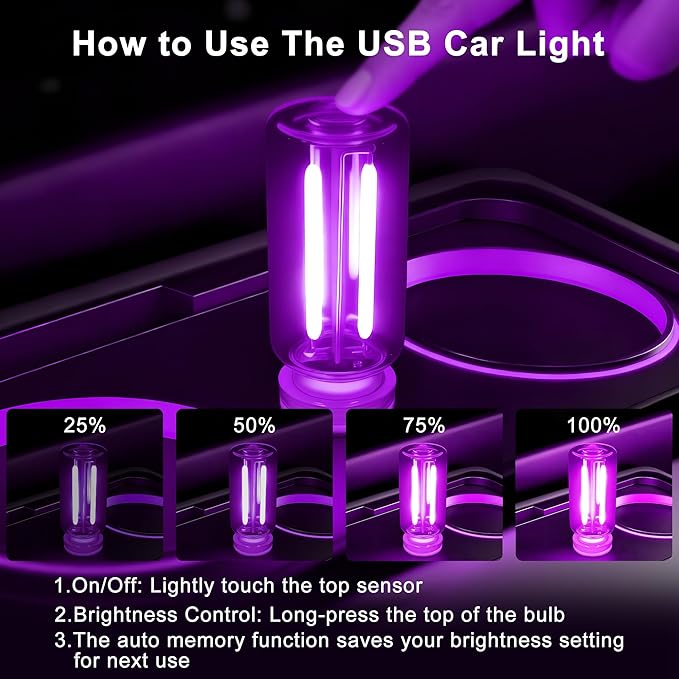 2 Packs USB Light for Car, Touch Dimmable Car Interior Ambient Lights - Portable Mini USB LED Light Bulb, Retro Glass Bottle Night Light for Vehicle, Bedroom, Hallway, Camping (Purple)