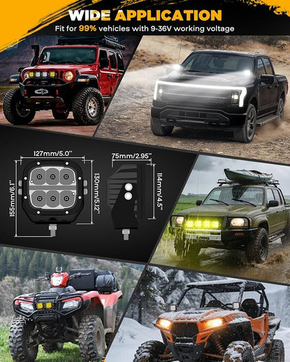 Auxbeam XP-Ultra Series 5 Inch Cube Offroad Lights, Amber DRL Function, Amber White Light Covers, 132W 15600LM Spot Flood Combo, LED Pod Light Bar Off-Road Fog Lights, Pair