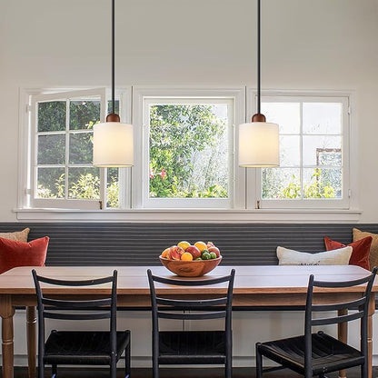 5.9" Drum Pendant Light with White Fabric Shade Modern Hanging Pendant Light Fixture| Adjustable Semi Flush Mount Kitchen Island Dining Room Bedroom Black 2 Pack