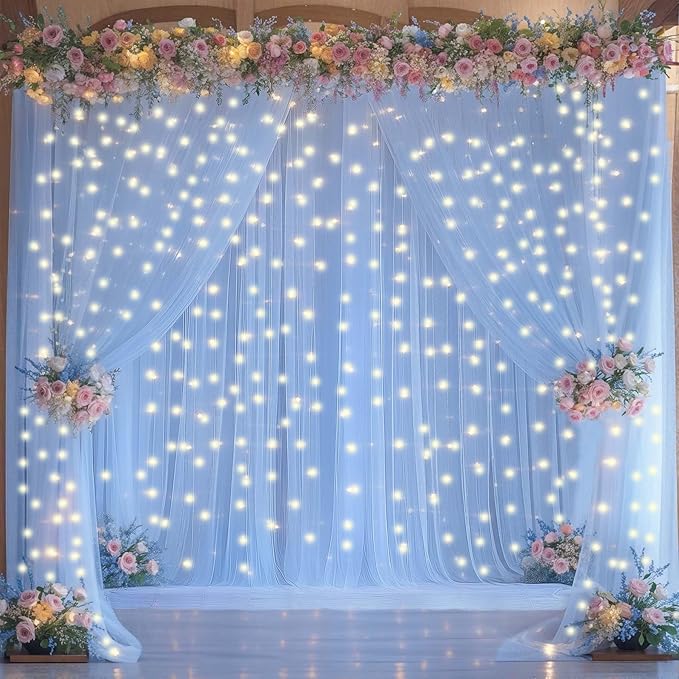 Baby Blue Sheer Tulle Backdrop Curtains with Lights String for Baby Shower Party Wrinkle Free Curtain Backdrops Drapes for Wedding Birthday Party Photo Back Drop Background Home Decorations 10ft x 8ft