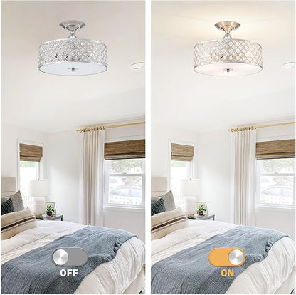 3-Light Brushed Nickel Semi Flush Mount Ceiling Light Fixture,Modern Drum Crystal Metal Acrylic Round Close to Ceiling Light