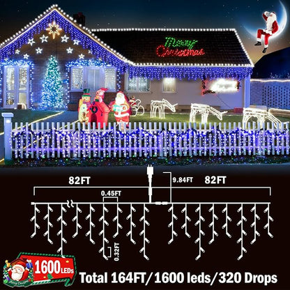 KNONEW 164FT 1600 LED Christmas Lights Outdoor Decoration Blue Timer 8Modes Hanging Fairy String Lights with 320 Drops, Plug in Waterproof Indoor Decor for Holiday Wedding Party Window Garden