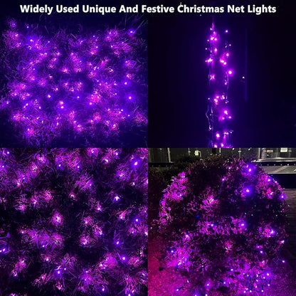 HISHINY Halloween Lights Outdoor,100LED 5ftx5ft Purple Net Lights with Connectable, Waterproof,UL Certified and Durable Green Wire Design for Bushes,Trees, Outdoor Indoor Party Decorations(Purple)